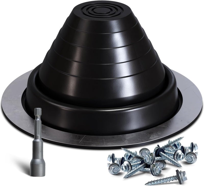 VIVIDA #3 EPDM Metal Roof Pipe Flashing Boot, Flexible Roof Jack Boot for Pipe OD 1/4" to 5", Screws & Hex Socket Included, Black, 1 Pack - Image 1